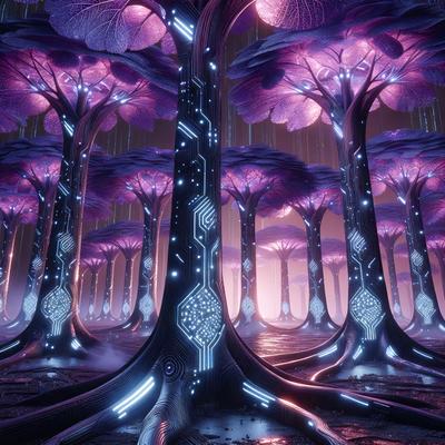 The primary subject of the image is a purple tree with blue leaves, surrounded by other purple trees. The setting is a forest with a purple and blue atmosphere. The visual style is digital art, as the trees are depicted with a futuristic and surreal appearance. The colors and mood of the image are predominantly purple and blue, creating a serene and otherworldly environment.